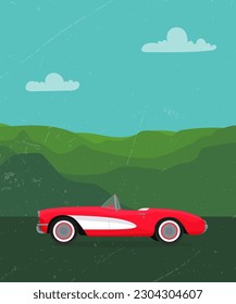 Retro summer, spring landscape with red classic car. Green mountain silhouette on background. Vector llustration for card, poster, print design