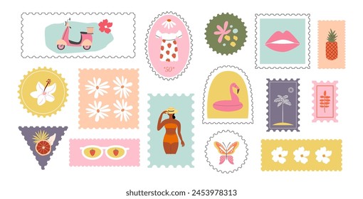 Retro summer stickers and stamps. Holiday vibes. Black young women, fruits, tropical exotic leaves and flowers, flamingo. Exotic background, badge, label.