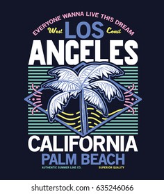 retro summer style tee print design as vector with palm tree and typo