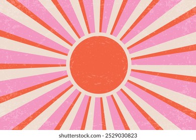 Fundo solar de verão retrô. Raios ondulados de luz solar groovy de vetor em design grunge vintage. cartaz radial dos anos 70. Ilustração moderna