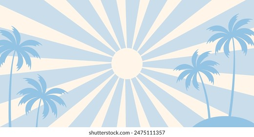 Retro summer sunburst backgorund with trees, blue flat illustration vector wallpaper design