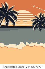 Retro Summer Sunset on the Sea Poster. Flat Design for Beach Party Invitations, Posters, Flyers for Promotions. Vector