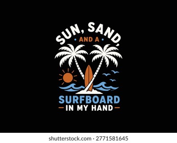 A retro summer surf illustration featuring palm trees, a surfboard, and waves with typography suitable for apparel and t-shirt designs.