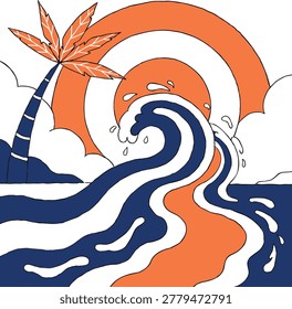 Retro Summer Surf Illustration with Ocean Waves Palm Tree and Sunset Sun