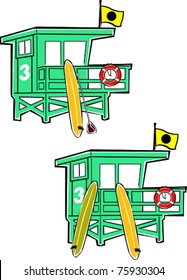 Retro Summer Surf and Paddle Lifeguard Tower Set Vector Illustration