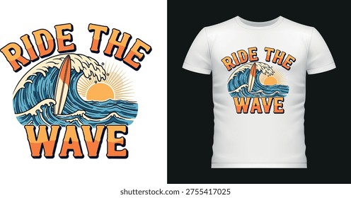 Retro summer surfing t-shirt design with wave and surfboard, great for beach vacations, surfing enthusiasts, and summer fun