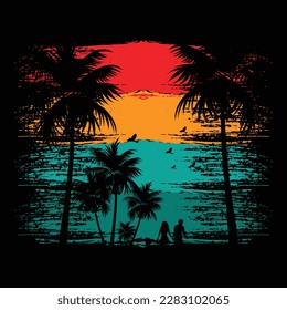 Vector de diseño de camisetas de verano retro, colección de puesta de sol de época, vectorial de diseño de camisetas de verano retro
