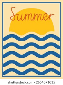 Retro Summer Time Vacation Poster Surface Print. Abstract Wavy Water Line and Sun. Vibrant Positive Travel Holiday Decoration. Minimalist Graphic Shape Design Art. Boho Vintage Style Poster