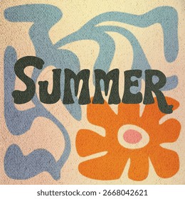 Retro summer typography with bold black letters, abstract blue shapes, orange flower, and vintage textured background in playful grainy graphic design.