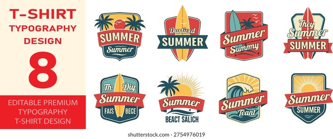 Retro summer typography set featuring surfboards palm trees and ocean waves in classic badge style for apparel graphics