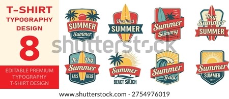 Retro summer typography set featuring surfboards palm trees and ocean waves in classic badge style for apparel graphics