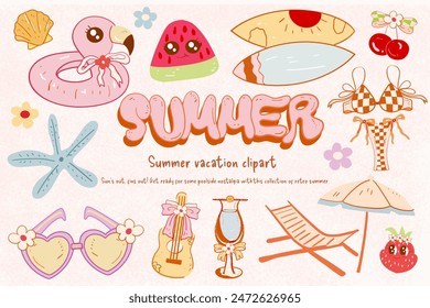 Colección Clipart de vacaciones de verano retro con Elementos de playa divertidos, juego de Clipart de playa de verano caprichoso, vacaciones de verano de los años 70 hippie, flamingo, playa, fuente de playa groovy