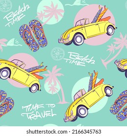 Retro summer vacation seamless pattern with hand drawn classic car, surfboards, palm trees, flip flops, fruits