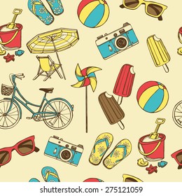 Retro summer vacation seamless pattern with hand drawn bicycle, flip flops, toy pinwheel, sun glasses, ice cream, beach ball, children's beach toys, photo camera