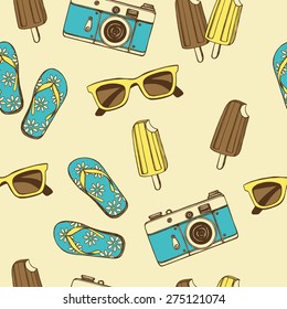 Retro summer vacation seamless pattern with hand drawn ice cream, sun glasses, photo camera, flip flops