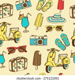 Retro summer vacation seamless pattern with hand drawn scooter, ice cream, Blue Hawaii tropical cocktail, sun glasses, photo camera, flip flops, floppy hat, travel suitcase
