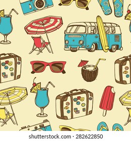 Retro summer vacation seamless pattern with hand drawn travel suitcase, Blue Hawaii tropical cocktail, sun glasses, surf bus, coconut drink, photo camera, ice cream, beach umbrella