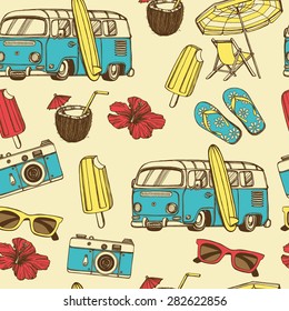 Retro summer vacation seamless pattern with hand drawn with surf bus, coconut drink, photo camera, ice cream, beach umbrella, hibiscus flower, flip flops