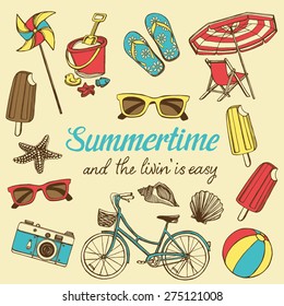 Retro summer vacation set with hand drawn bicycle, flip flops, toy pinwheel, sun glasses, ice cream, beach ball, children's beach toys, photo camera, sea star, sea shells, beach chair, beach umbrella