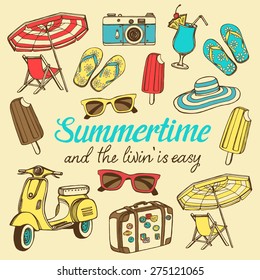 Retro summer vacation set with hand drawn scooter, ice cream, Blue Hawaii tropical cocktail, sun glasses, photo camera, flip flops, floppy hat, travel suitcase, beach umbrella, beach chair