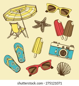 Retro summer vacation set with hand drawn ice cream, sun glasses, photo camera, flip flops, beach umbrella, beach chair, sea star, sea shell