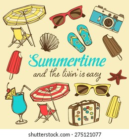 Retro summer vacation set with hand drawn travel suitcase, ice cream, colorful sun glasses, photo camera, flip flops, beach umbrella, beach chair, sea shell, sea star