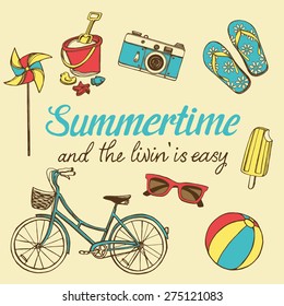 Retro summer vacation set  with hand drawn bicycle, flip flops, toy pinwheel, sun glasses, ice cream, beach ball, children's beach toys, photo camera