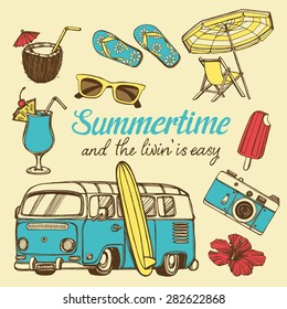 Retro Summer Vacation Set With Hand Drawn With Surf Bus, Coconut Drink, Photo Camera, Ice Cream, Beach Umbrella, Hibiscus Flower, Flip Flops, Blue Hawaii Tropical Cocktail, Sun Glasses