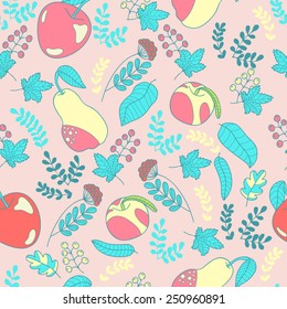 Retro summer vector seamless pattern. Delicious garden fruits and berry's. Colorful doodle background 