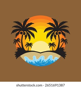 Vibras de verano retro, playa retro, diseño de sublimación, Descarga digital Tropical Sunset Summer Shirt Design
