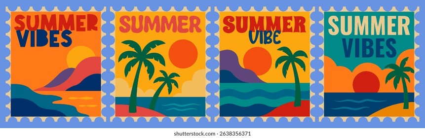 Retro Summer Vibes Postage Stamp Set with Tropical Landscapes
