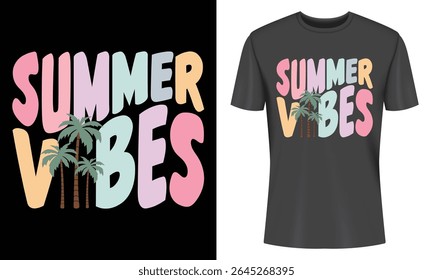 Retro Summer Vibes T Shirt Design with Palm Trees and Distressed Text