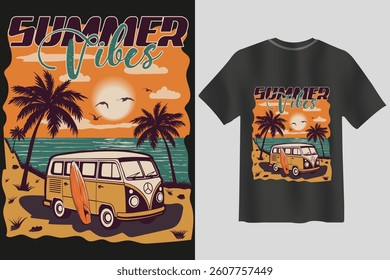 Retro summer vibes vector featuring a vintage van, surfboard, palm trees, and a sunset over the ocean. Perfect for t-shirt designs, posters, and beach lovers. Vibrant, nostalgic, and tropical!