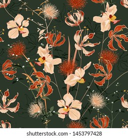 Retro Summer wild forest full of blooming flower in many kind of floral seamless pattern vector ,hand drawing style for fashion, fabric and all prints on vintage green background.
