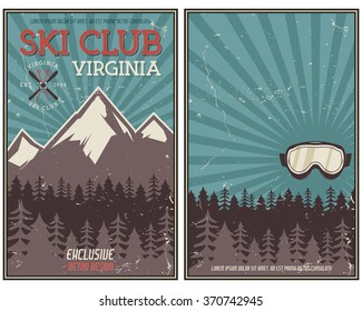 Retro Summer Or Winter Holiday Poster. Travel And Vacation Brochure. Camping Promotional Banner. Vintage Goggles, Mountains, Trees, Ski Snowboard Vector Design Concept Elements. Motivational Lettering