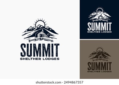 Retro Summit Shelter Lodges Logo Template combines nostalgia with rugged charm, perfect for rustic accommodations and outdoor retreats. Layered EPS Vector