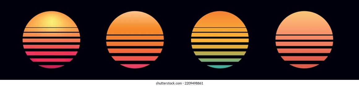 Retro sun 80s. Sun retro set sunset or sunrise element 1980s style. Colourful grunge sunburst. Retrowave sun flat design banner isolated illustration. Vector illustration.