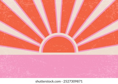 Retro sun background. Abstract summer poster with sunset rays. 70s groovy design with grunge texture. Orange geometric beams over the sea. Vector illustration of sea beach.