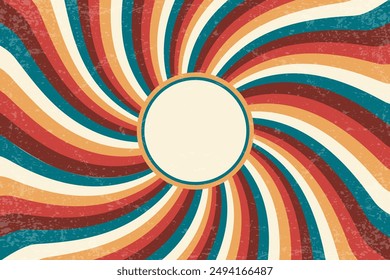 Retro sun background. Abstract vector summer sunburst with rays. Vintage grunge texture 70s design. Old paper groovy color illustration