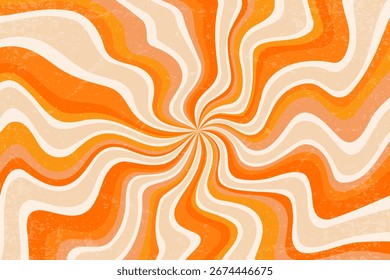 Fondo de sol retro con patrón de rayos radiales espirales groovy. Bolso psicodélico texturizado del verano del carnaval. Abstractas cartel de grunge naranja a rayas onduladas de los años 70.