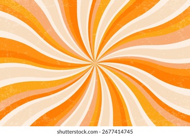 Retro sun background with pattern of groovy radial rays. Textured carnival summer psychedelic bg. Abstract 70s wavy striped orange grunge poster.