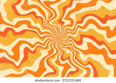 Retro sun background with pattern of groovy rays. Sunburst abstract poster with wavy psychedelic design. Vintage summer textured radial beams. Circular hypnotic vortex