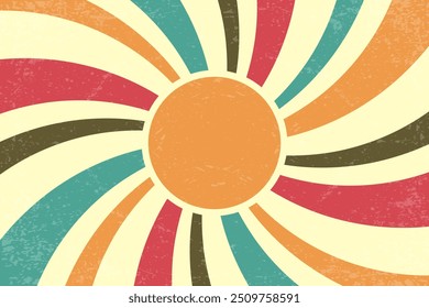 Retro sun background. Summer vector poster. Abstract vintage radial rays. 70s groovy design with grunge texture. Old style color wallpaper. Festive modern banner.