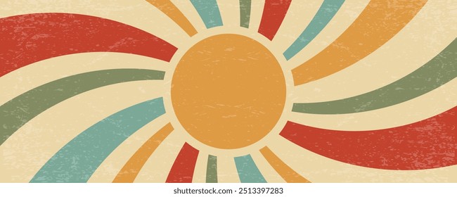 Retro sun background. Summer vector poster. Abstract vintage radial rays. 70s groovy design with grunge texture. Old style color wallpaper. Festive modern banner.