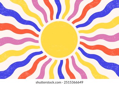 Retro sun background. Summer vector poster. Abstract vintage radial rays. 70s groovy design with grunge texture. Old style color wallpaper. Festive bright modern banner
