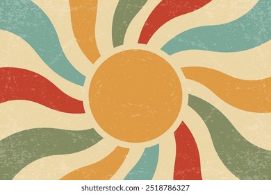 Retro sun background. Summer vector poster. Abstract vintage radial rays. 70s groovy design with grunge texture. Old style color wallpaper. Festive modern banner.