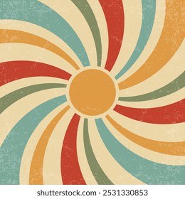 Retro sun background with wavy rays. Vector vintage 70s summer poster with groovy sunrise. Grunge texture illustration for banner and wallpaper.