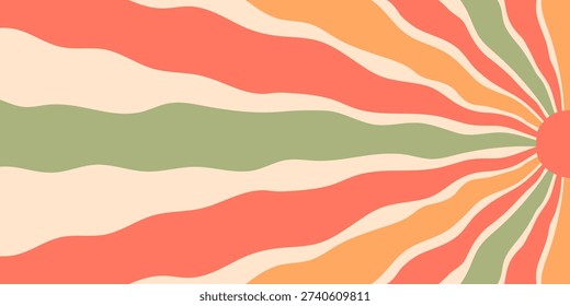 Retro sun burst pattern with yellow and orange waves creates a groovy sunshine burst. sun and ray form a bold y2k background in horizontal orientation, perfect for vintage style.