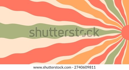Retro sun burst pattern with yellow and orange waves creates a groovy sunshine burst. sun and ray form a bold y2k background in horizontal orientation, perfect for vintage style.