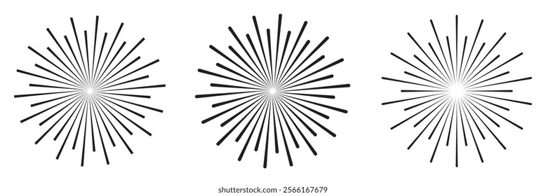 Retro Sun burst shapes. Vintage starburst logo, labels, badges. Sunburst minimal logo frames. Vector firework design elements isolated.